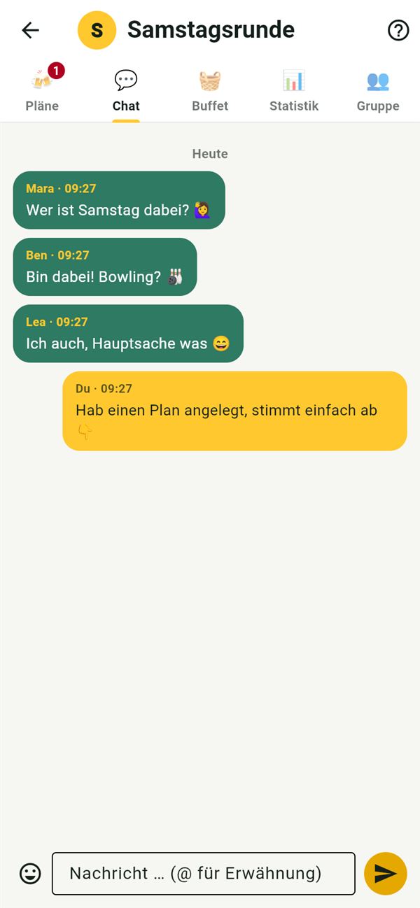 Snackn: Gruppenchat der Samstagsrunde, Tom hat einen Plan angelegt