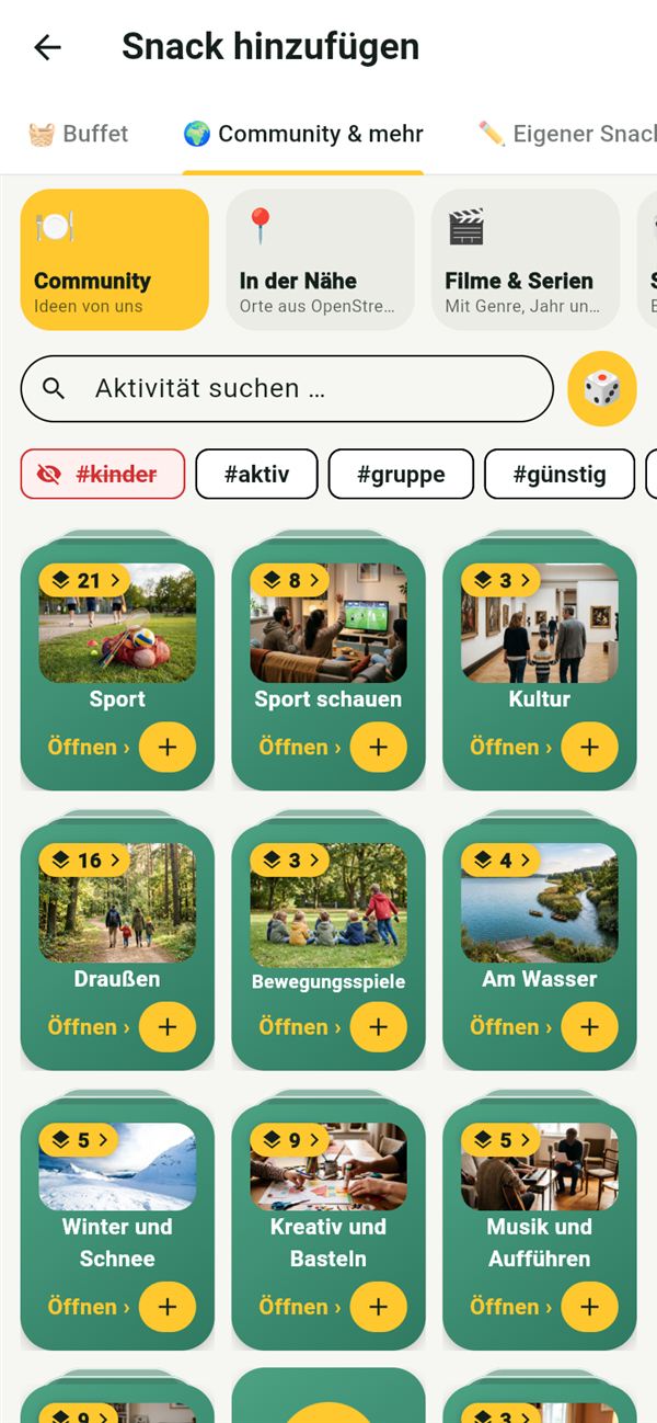 Snackn: Snack hinzufügen mit Community, Orten in der Nähe und Filmen