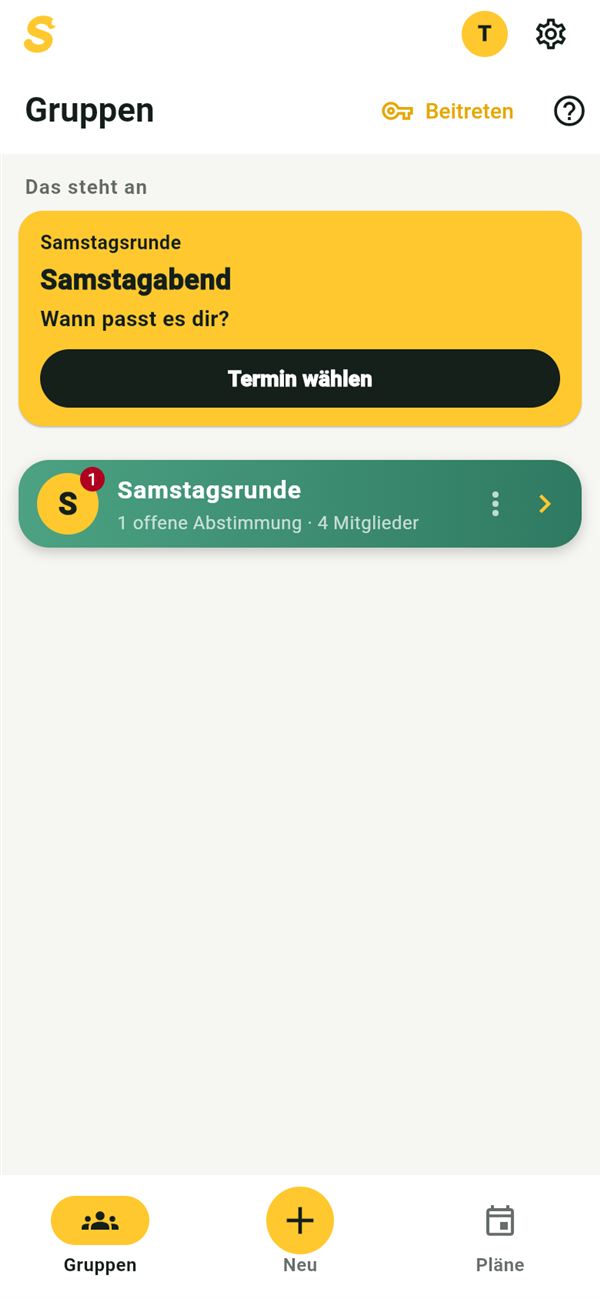 Snackn: Startseite mit dem Plan Samstagabend und dem Knopf Termin wählen