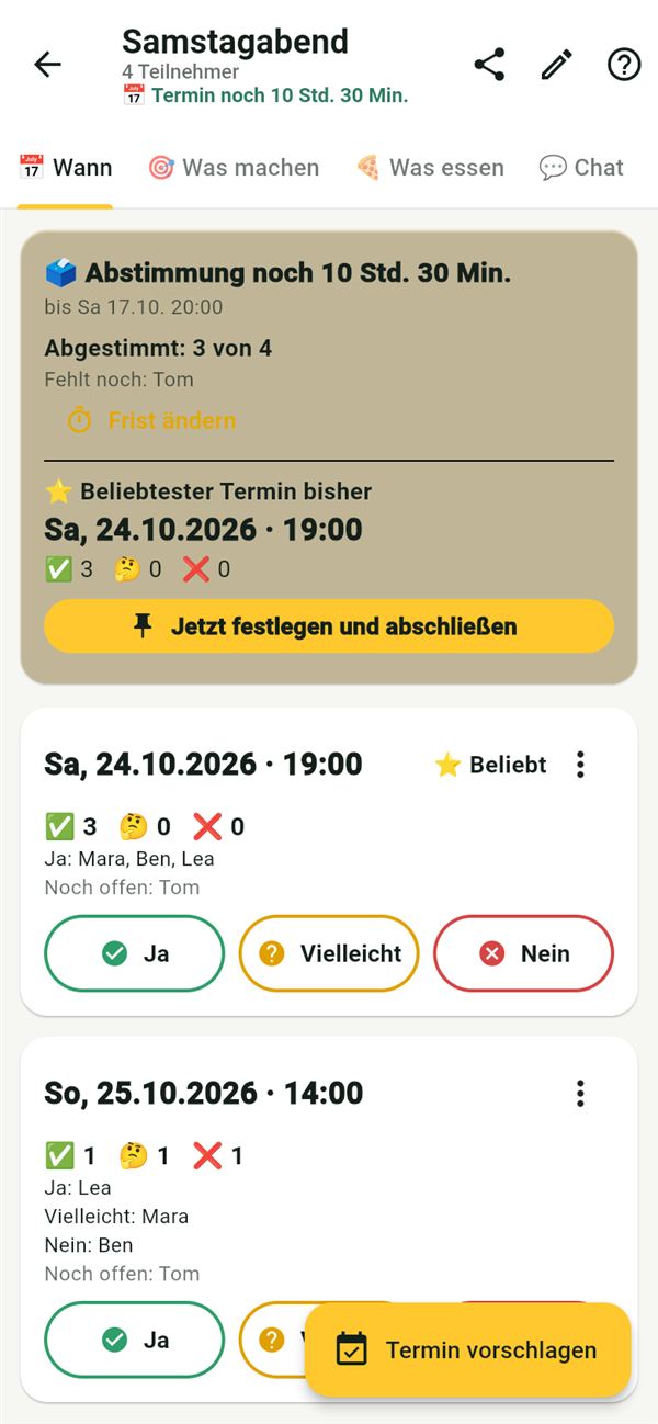 Snackn: Terminabstimmung im Plan Samstagabend mit zwei Vorschlägen