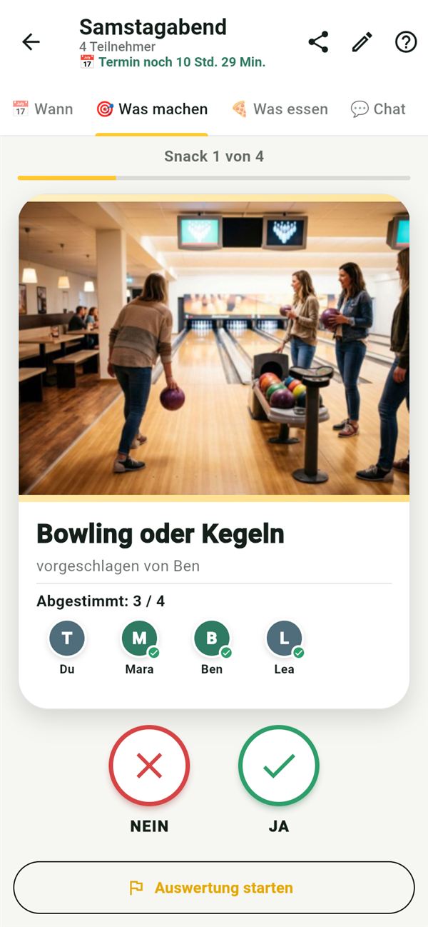 Snackn: Wischkarte Bowling, drei von vier haben abgestimmt