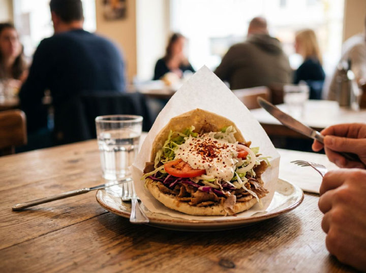 Döner im Imbiss auf einem Holztisch
