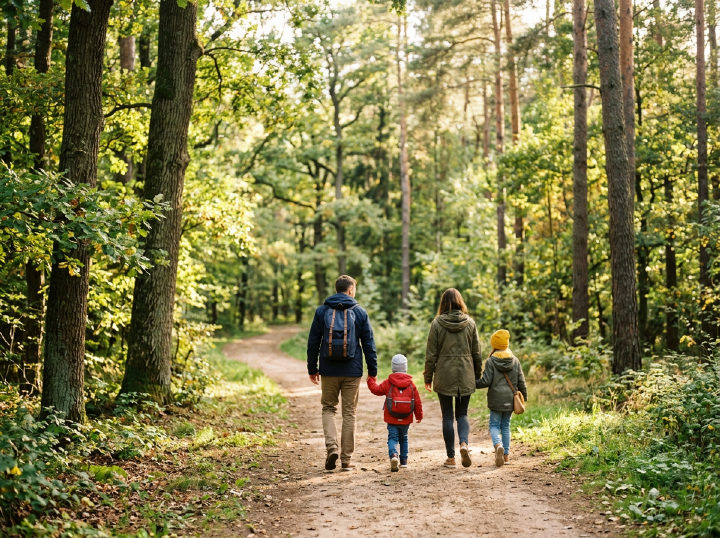 Familie beim Spaziergang im Wald, von hinten